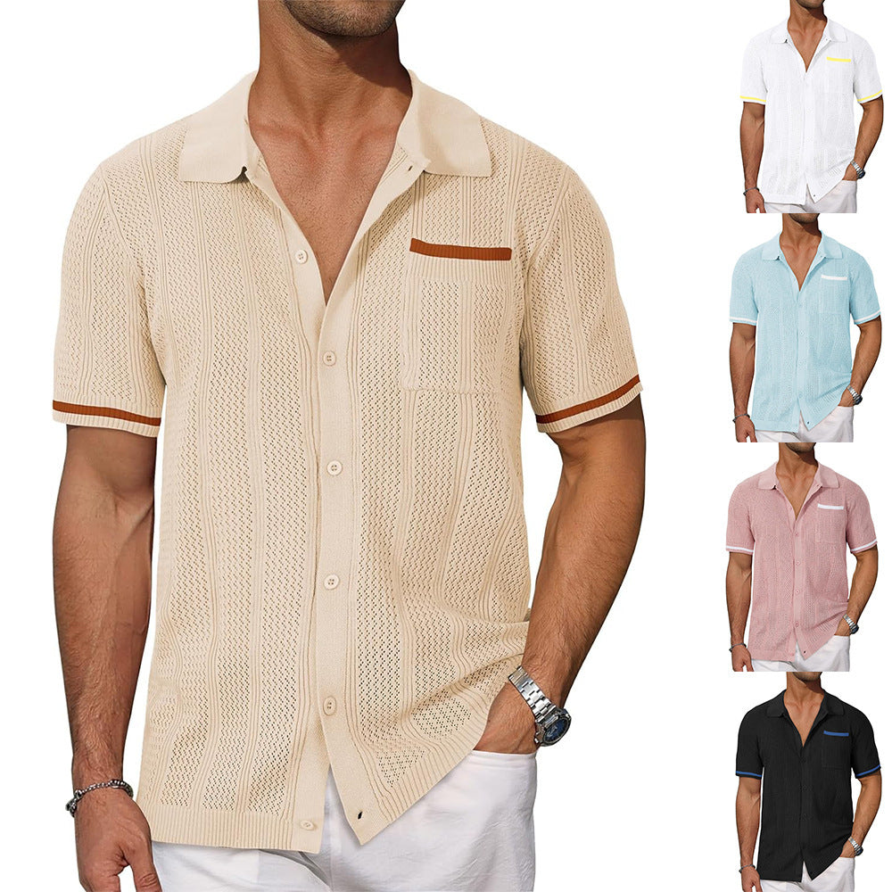 Beige textured short-sleeve shirt worn by a man, with additional images of other shirts in different colors.