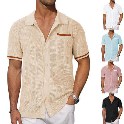 Beige textured short-sleeve shirt worn by a man, with additional images of other shirts in different colors.