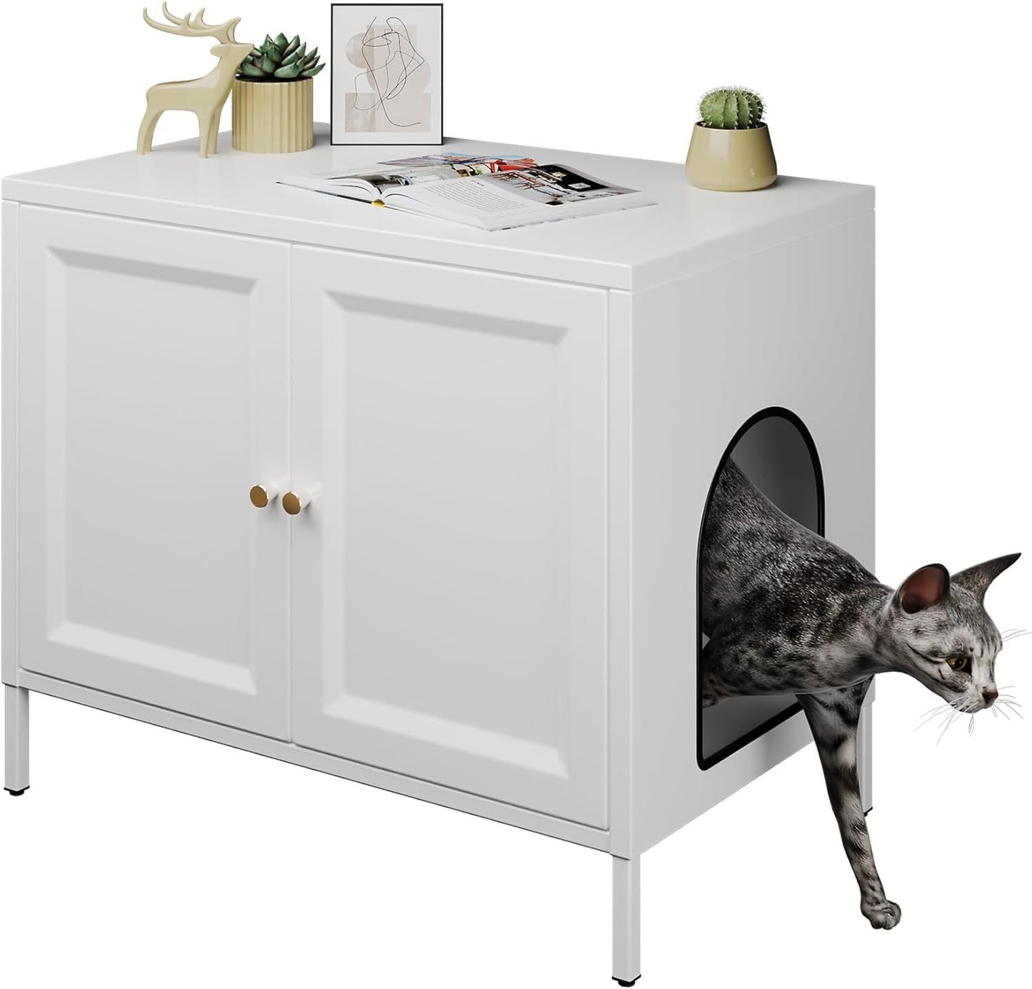 Cat Litter Box Enclosure, Metal Cat Washroom Furniture With Barn Door, Indoor Pet House, Fit Most Of Litter Box, End Side Table,White