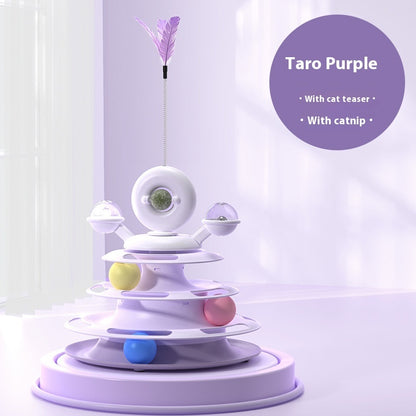 Multilevel cat toy with colorful spheres and a feather on a white background, labeled 'Taro Purple'.