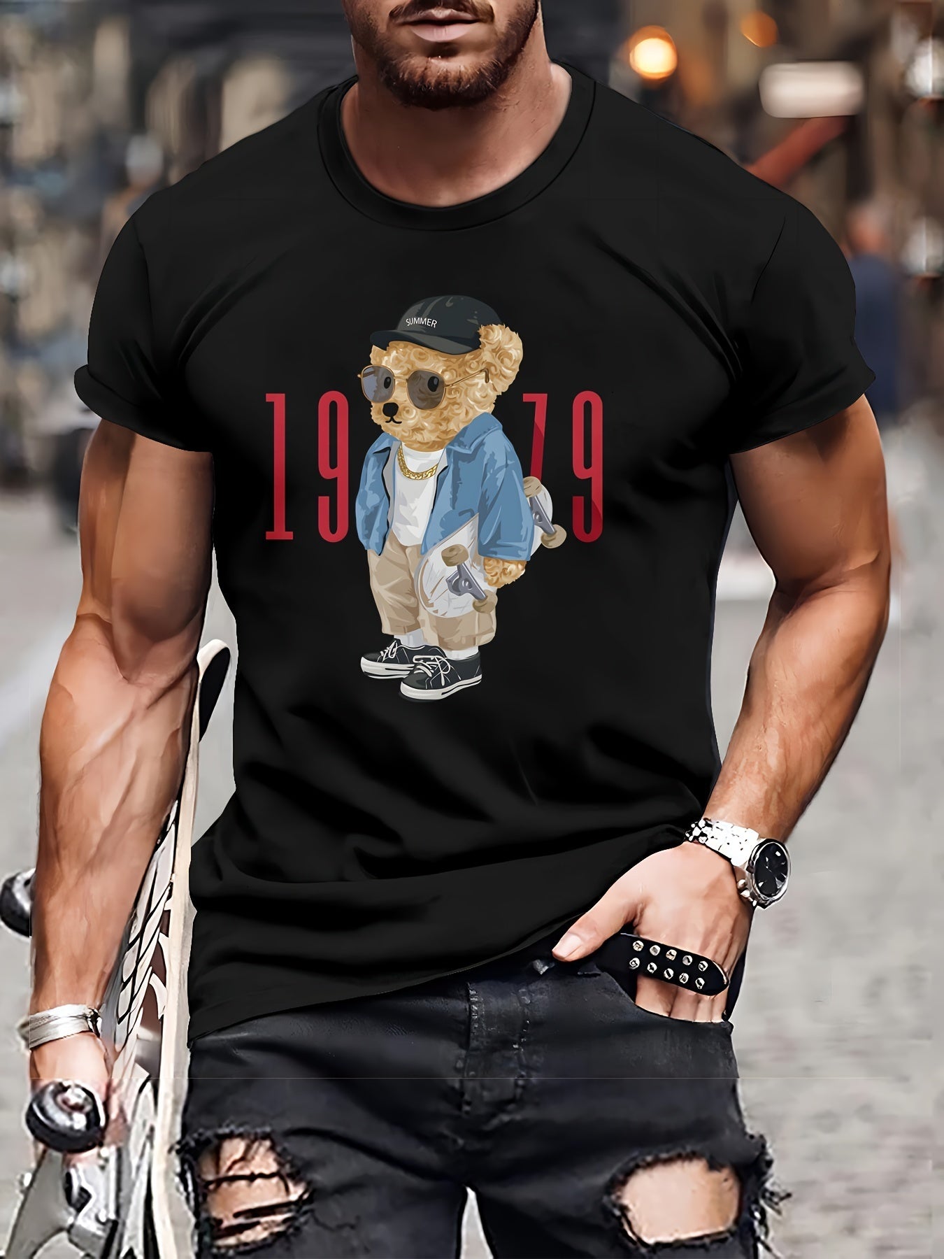 Person wearing a black t-shirt with a bear graphic and '1979' text.