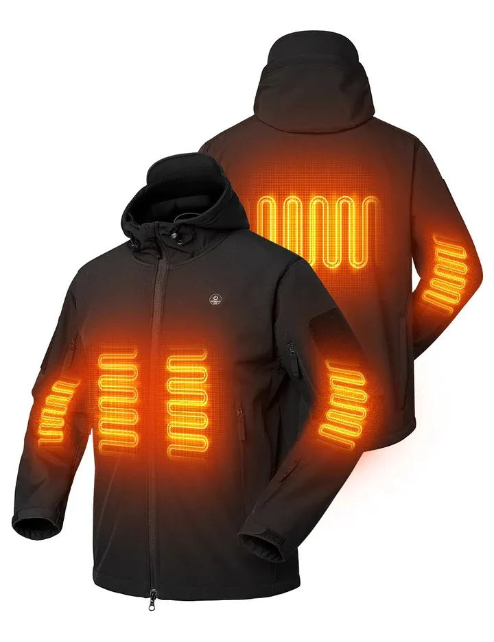 Black heated jacket with glowing orange heating elements on a white background