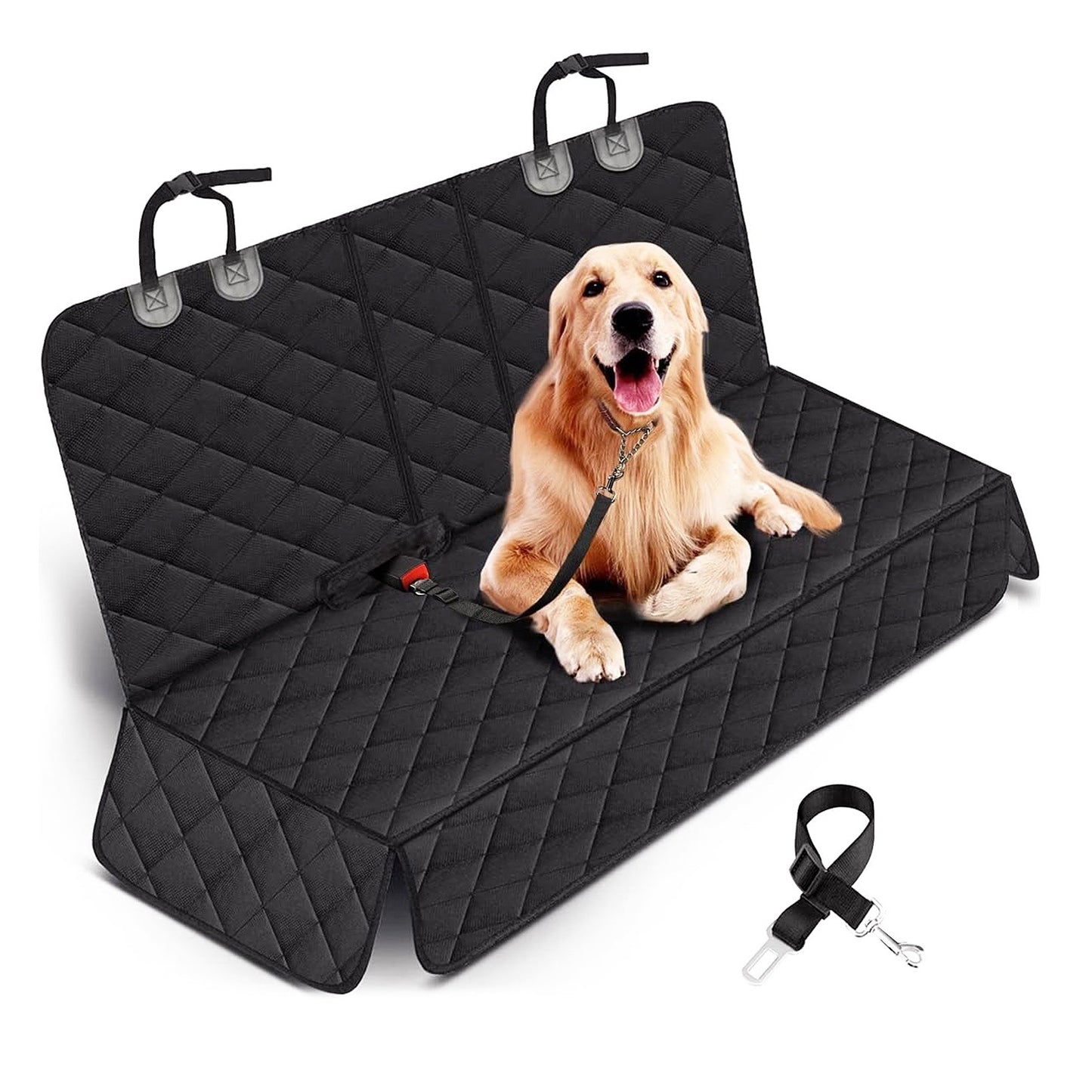 Black quilted car seat cover with a dog sitting on it, on a white background