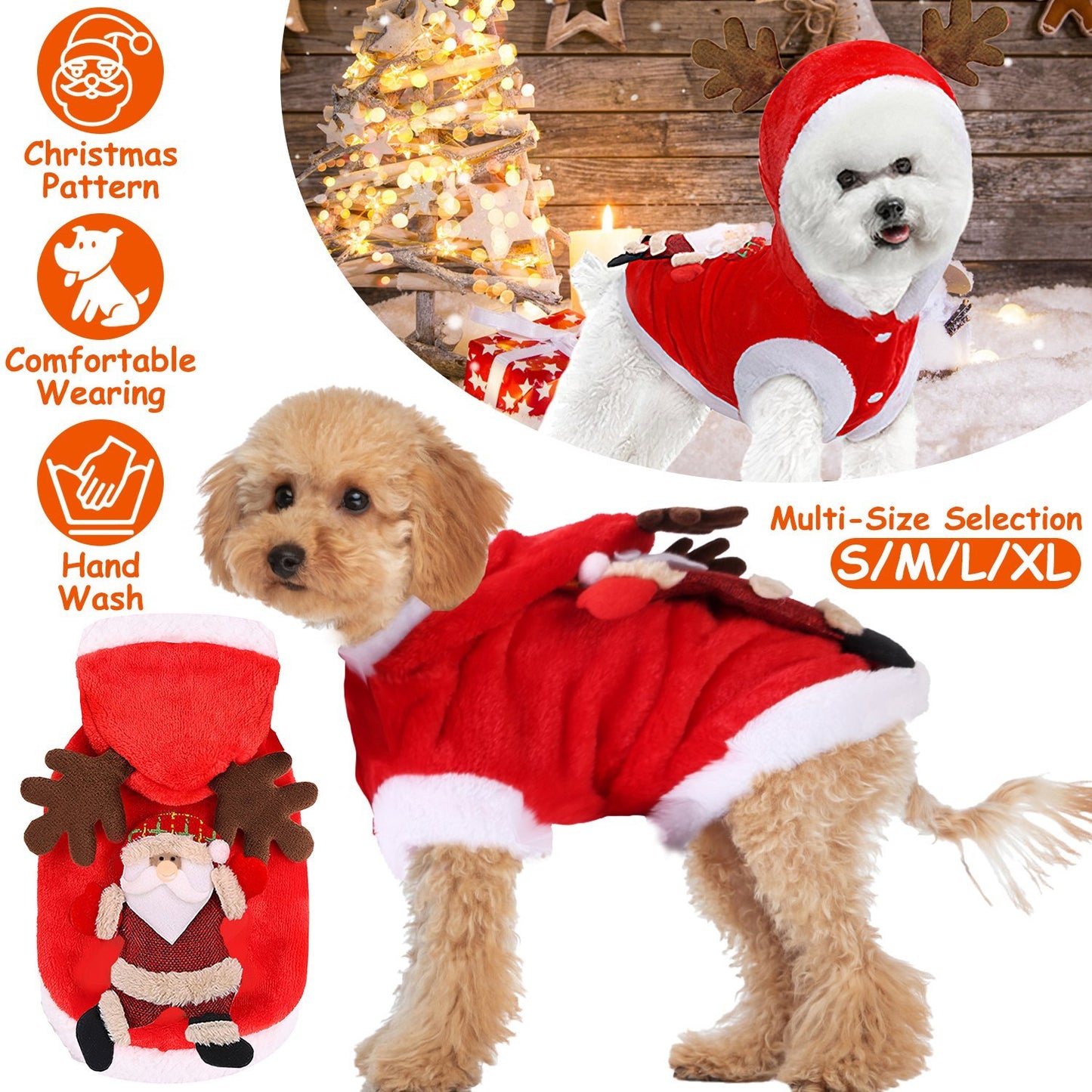 Two dogs wearing red Christmas-themed dog coats with Santa Claus design, against a festive background.