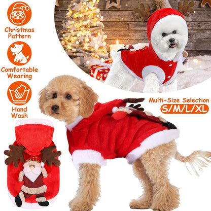 Two dogs wearing red Christmas-themed dog coats with Santa Claus design, against a festive background.