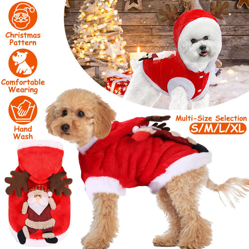 Two dogs wearing red Christmas-themed dog coats with Santa Claus design, against a festive background.