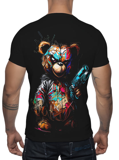 Black t-shirt with a colorful bear graphic on the back, worn by a person.