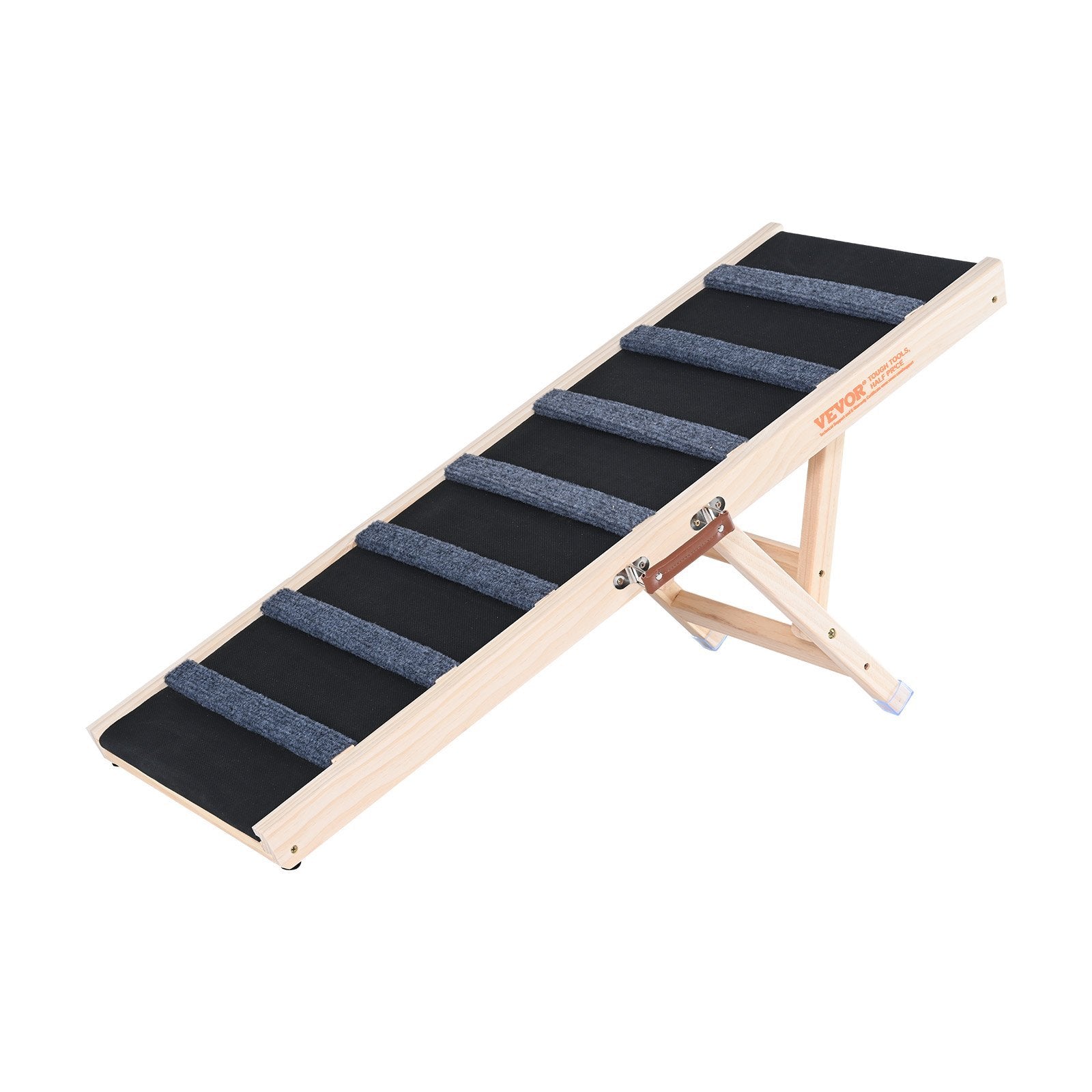 Wooden pet ramp with black steps on a white background