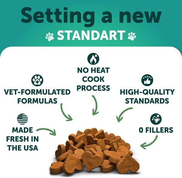 Dog food with text highlighting features like vet-formulated formulas and no heat cook process on a green and white background.