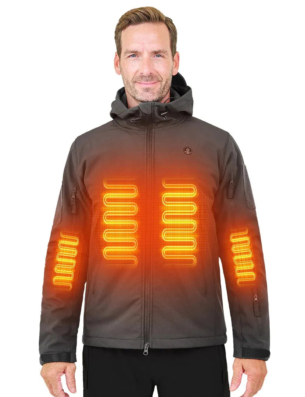 Man wearing a heated jacket with visible heating elements on a white background