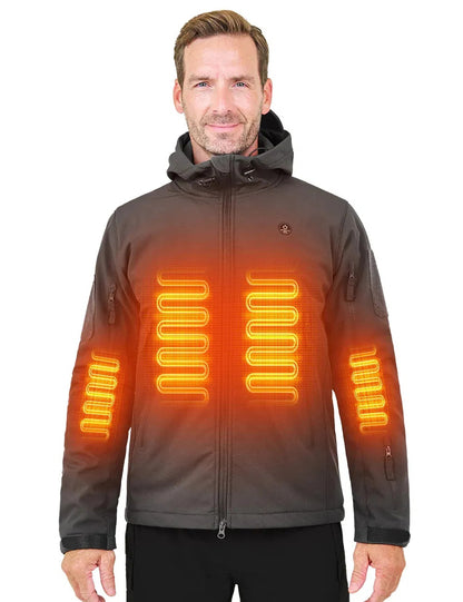 Man wearing a heated jacket with visible heating elements on a white background