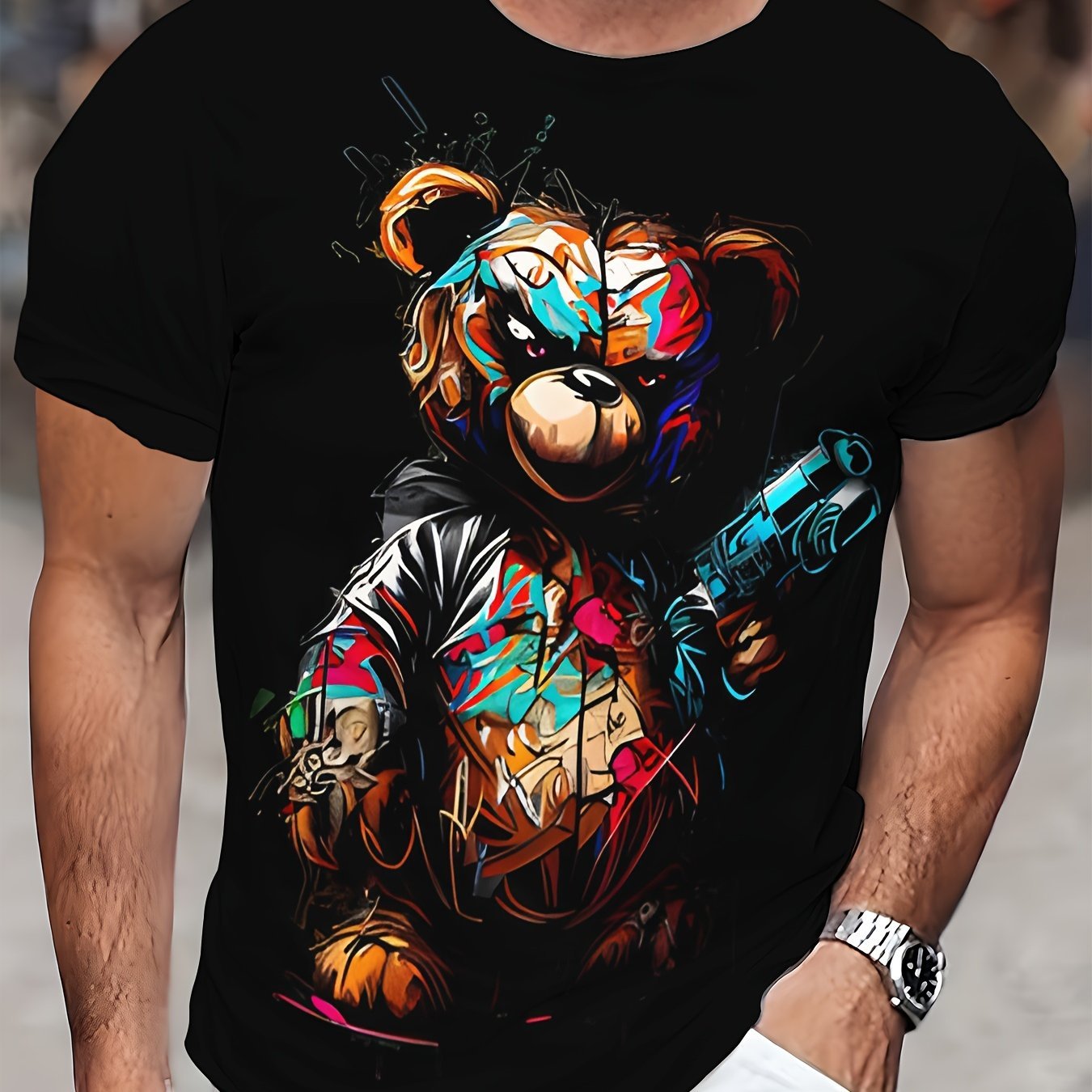 Men's Casual Short Sleeved T-shirt, Unique Bear Print - Soft Polyester Fiber, Machine Washable, Round Neck - Perfect Choice For Summer