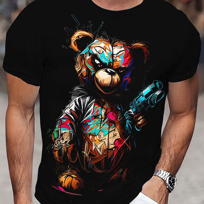 Men's Casual Short Sleeved T-shirt, Unique Bear Print - Soft Polyester Fiber, Machine Washable, Round Neck - Perfect Choice For Summer