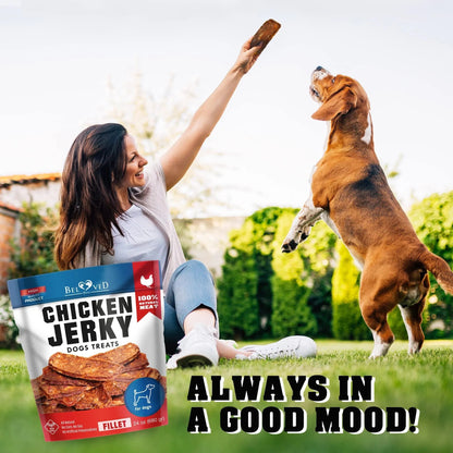 Woman and dog playing with a bag of Bixbi Chicken Jerky treats in a park.